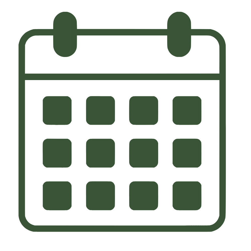 A simple green calendar icon with a grid layout and two hanging tabs at the top.