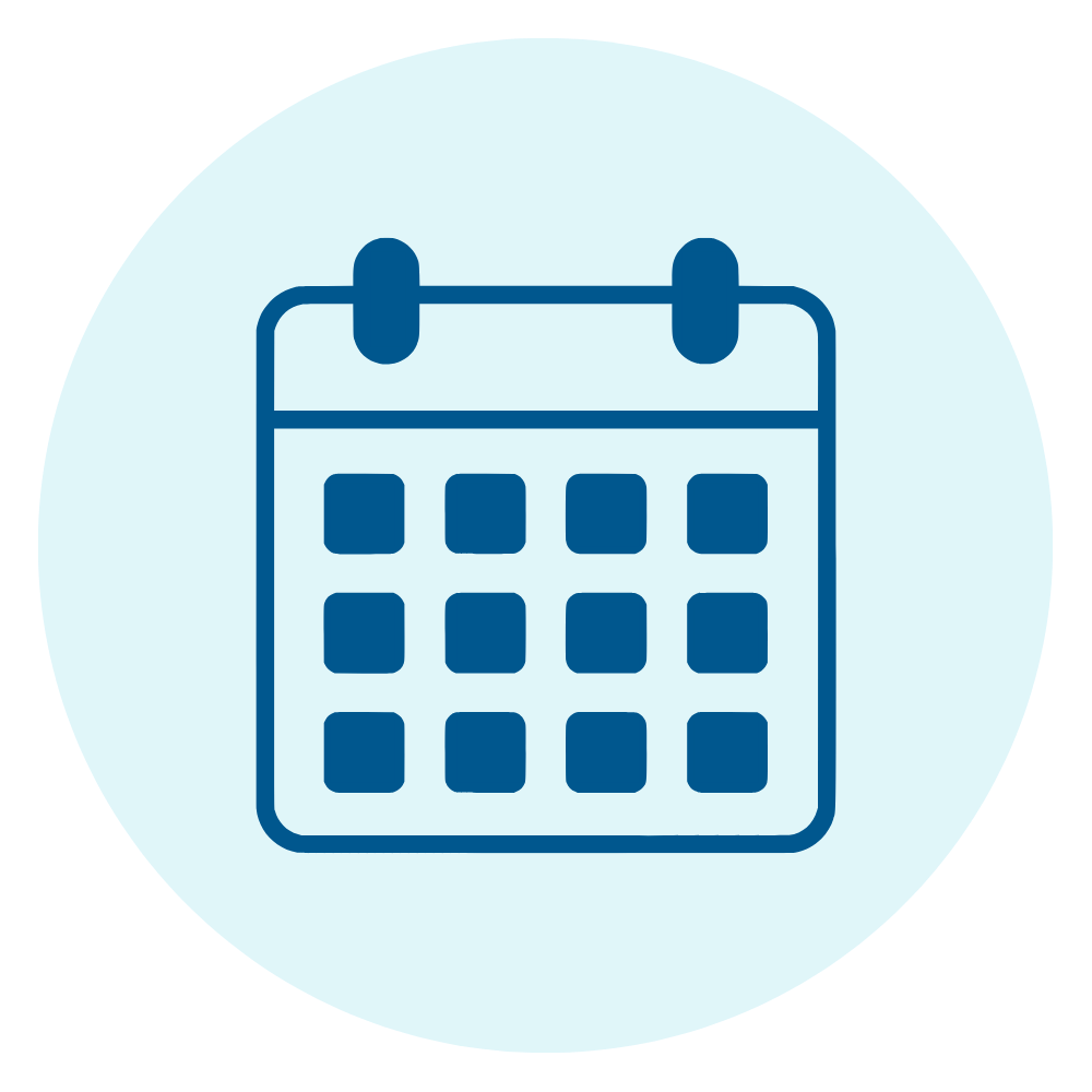 Graphic of a calendar icon on a light blue circular background.