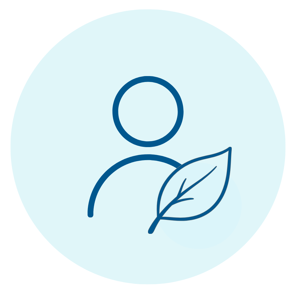 An outline of a person with a leaf, symbolizing eco-friendliness and sustainability.