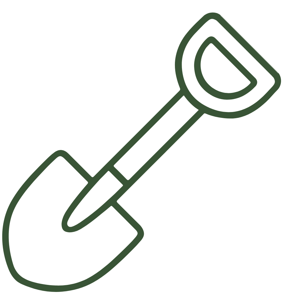 Illustration of a garden shovel with a rounded blade and a handle.
